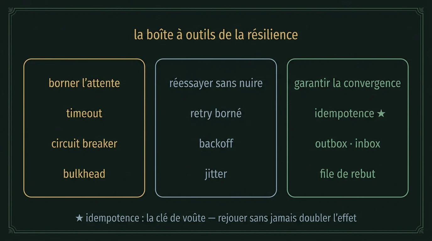 La boîte à outils de la résilience en trois groupes : borner l'attente, réessayer sans nuire, garantir la convergence.