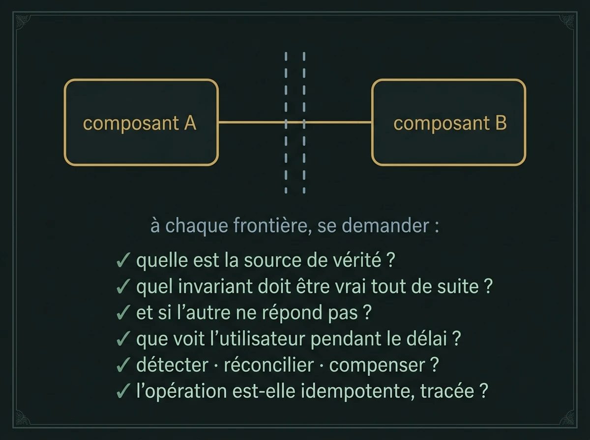 À chaque frontière, une checklist : source de vérité, invariant immédiat, comportement si l'autre ne répond pas, vue de l'utilisateur, détection, réconciliation, compensation, idempotence, traçabilité.