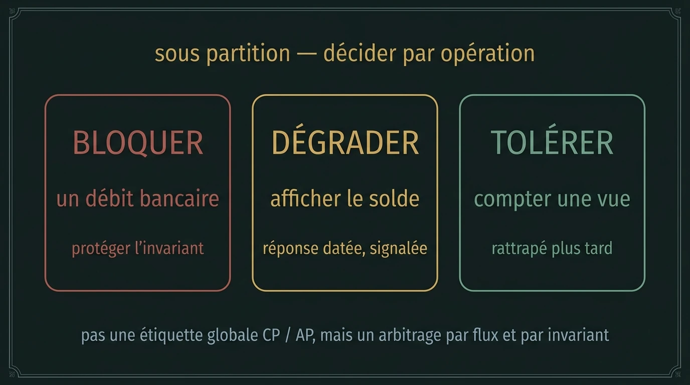 Trois conduites sous partition : bloquer un débit, dégrader l'affichage d'un solde, tolérer un compteur de vues.