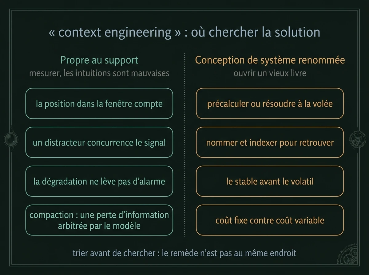Deux colonnes. À gauche, ce qui découle de propriétés du modèle : sensibilité à la position dans la fenêtre, distracteurs actifs, dégradation sans alarme, compaction arbitrée par le modèle. À droite, des arbitrages de conception de système sous un nom neuf : précalculer ou résoudre à la volée, nommer et indexer, placer le stable avant le volatil, coût fixe contre coût variable.
