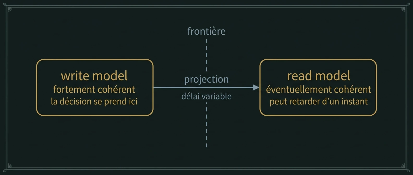 Le write model, fortement cohérent, et le read model, éventuellement cohérent, séparés par une frontière que la projection traverse avec un délai variable.
