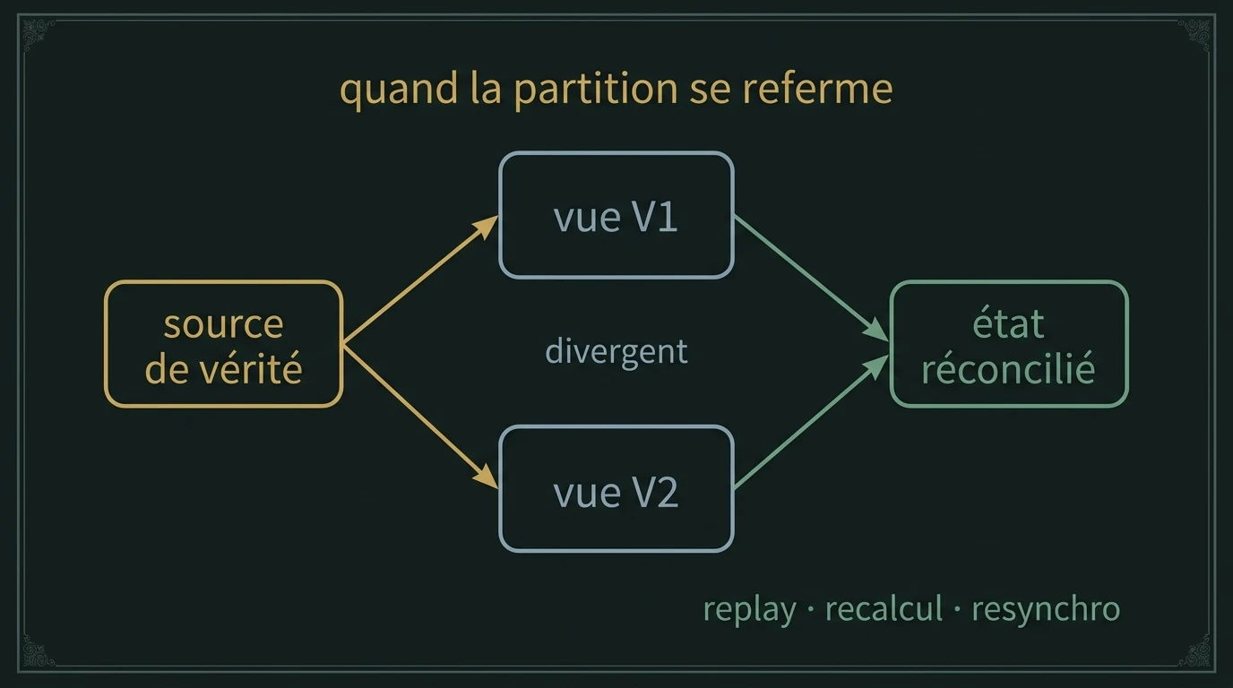 Deux vues divergentes ramenées vers un état réconcilié à partir de la source de vérité, par replay, recalcul ou resynchronisation.