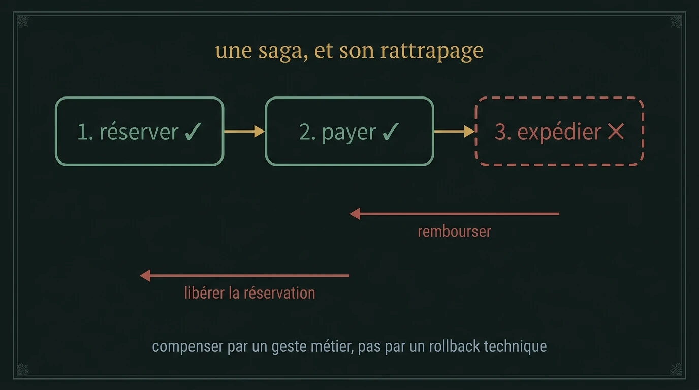 Une saga de trois étapes : réserver, payer, expédier ; l'expédition échoue et déclenche des compensations métier : rembourser, libérer la réservation.