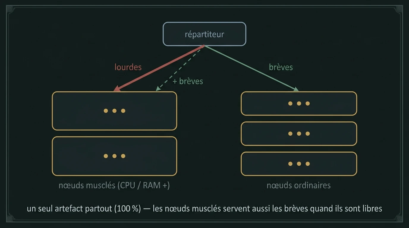 Un répartiteur en tête envoie les requêtes lourdes vers un lot de nœuds musclés et les brèves vers un lot ordinaire ; tous les nœuds portent le même artefact complet, et la surcapacité des nœuds musclés absorbe aussi le petit trafic.